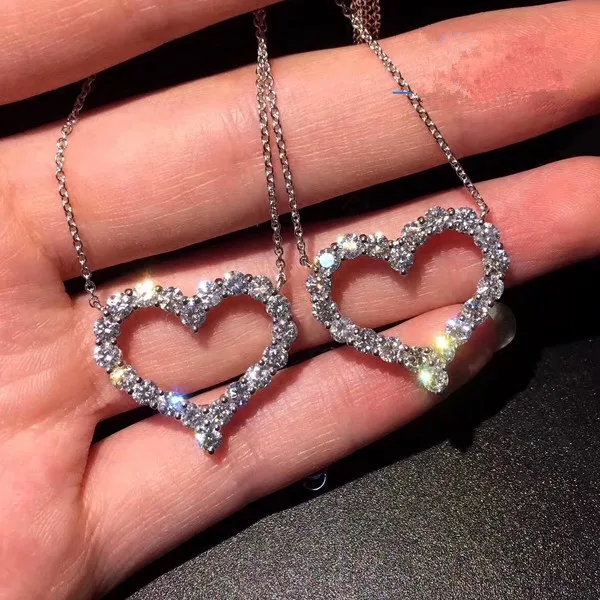 

Gift Monther's Day Silver Color Cubic Zircon Pendant Wedding Jewelry Necklace Hollow Heart Necklaces For Women
