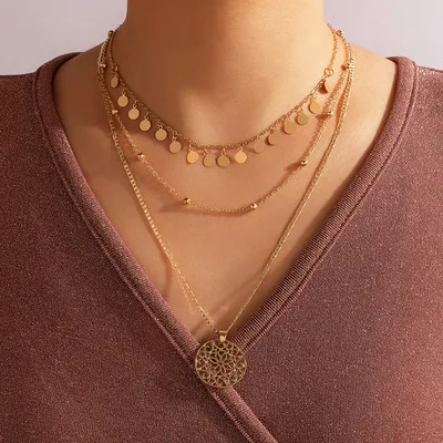 

Temperament 14K Gold Plated Disc Tassel Necklaces Multi Layers Hollow Disc Pendant Necklace For Mom