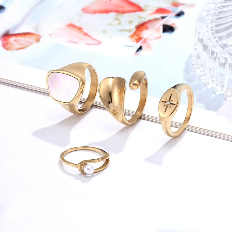 

irregular shape 14K Gold Plated Ring stainless steel star Hollow Cross Pearl ring