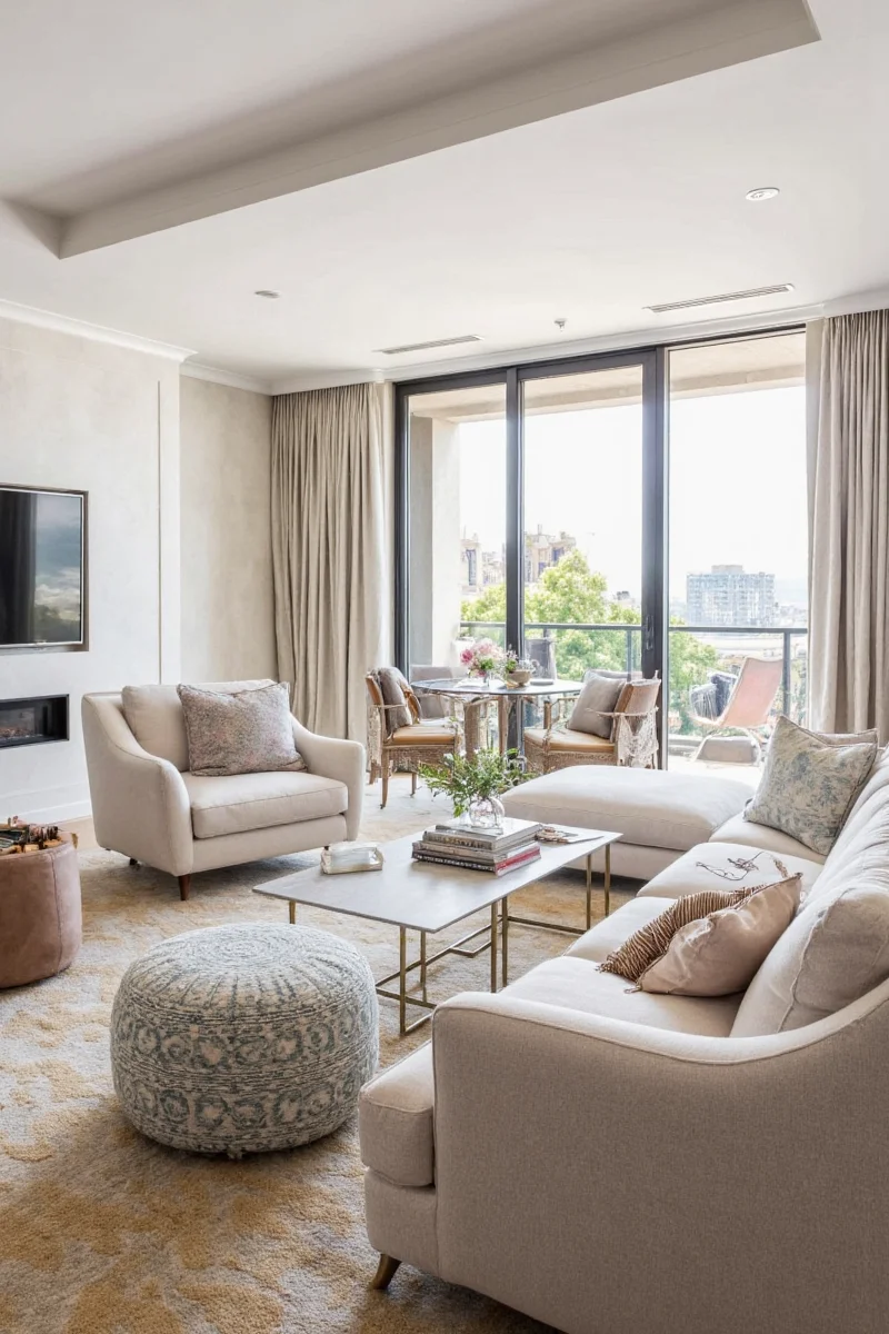 Arc lamp over sectional sofa