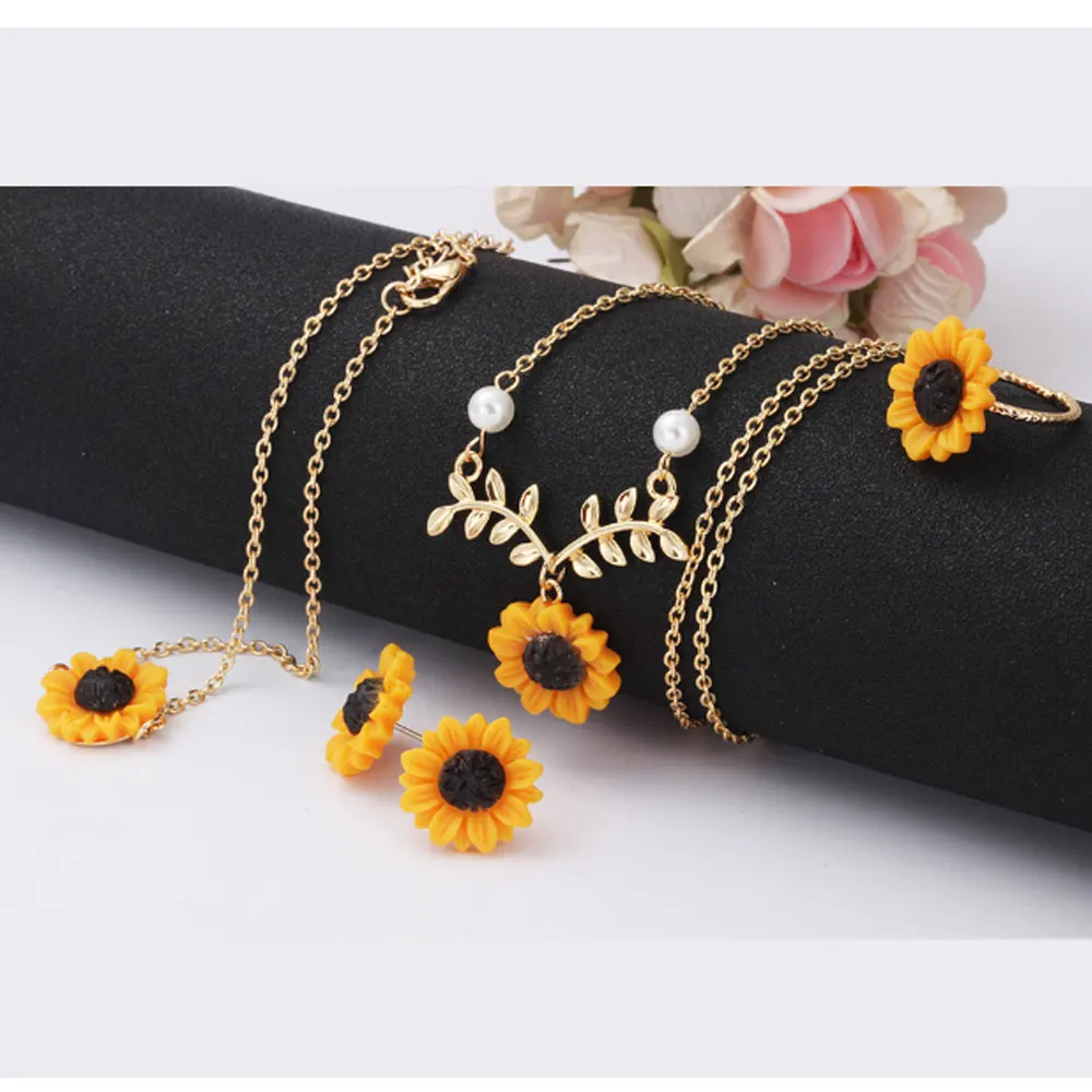 

fashion hot selling yellow sunflower necklace bracelet earring set resin