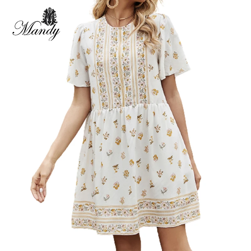

2021 New arrival high waist floral print short sleeve short dress women