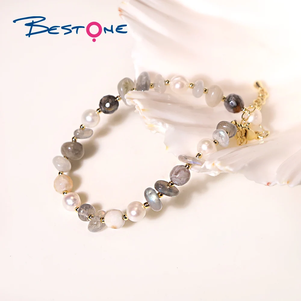 

BESTONE Natural Faceted Ball Bead Drawstring Bracelet Natural Gray Moonstone Irregular Garnet Amethyst Bracelet