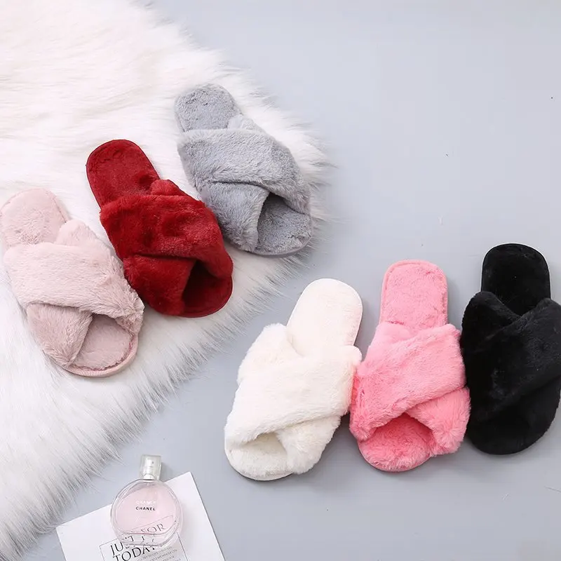 

2023 hot sale Winter Home Slippers Shoes Ladies Cross Soft Plush Furry Female Open Toe Slides Women Warm Slippers