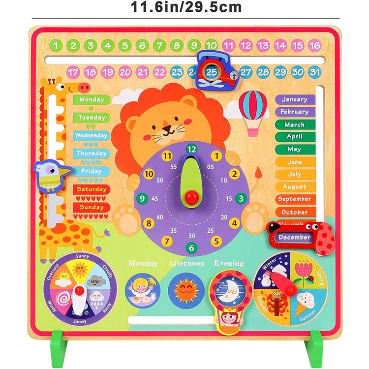 

Kids early preschool teaching aid multi-functional date toy wall calendar wooden learning clock