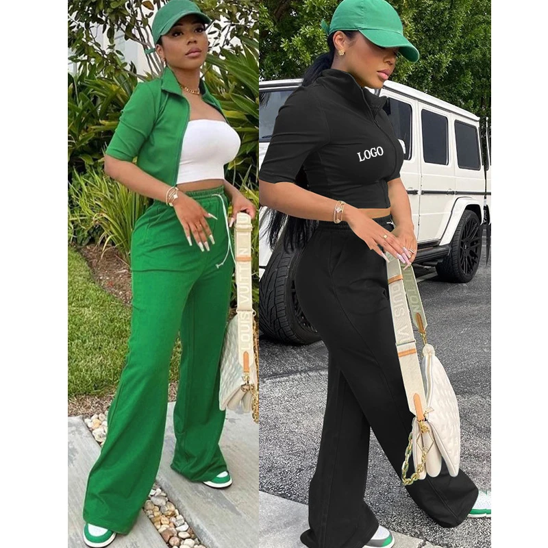 

Free shipping Women's fashion cardigan short sleeve zipper jacket slim straight trouser suit custom logo tracksuits for women, Color avaliable