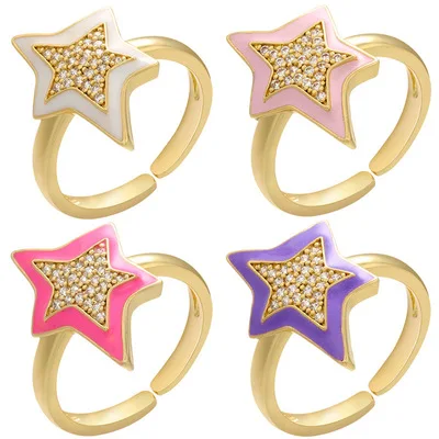 

Hot Sale Real Gold Plated CZ Star Finger Rings Oil Drop Crystal Star Open Ring For Women Girls