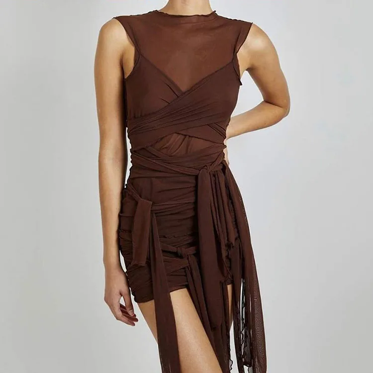 

2021 Clothing New Arrivals Spring Dresses Chic Gauze Tie Wrap Sleeveless See Through Asymmetrical Sexy Dress For Women -YS, Brown