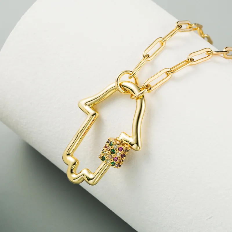 

Best Selling 18K Real Gold Plated Hip Hop Link Chain Palm Pendant Necklace Creative Gold Carabiner Lock CZ Screw Clasp Necklace, Picture color