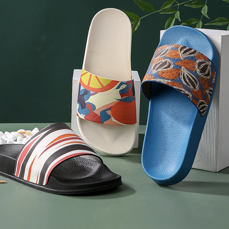 

Factory wholesale Summer beach Soft sandals custom print logo men slippers, White black
