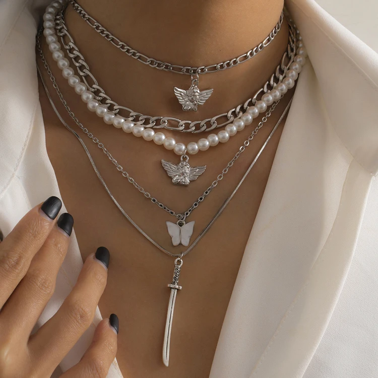 

Punk New Multilayer Little Angel Wing Pendant Clavicle Chain Fashion Geometric Pearl Long Sword Butterfly Necklace Female