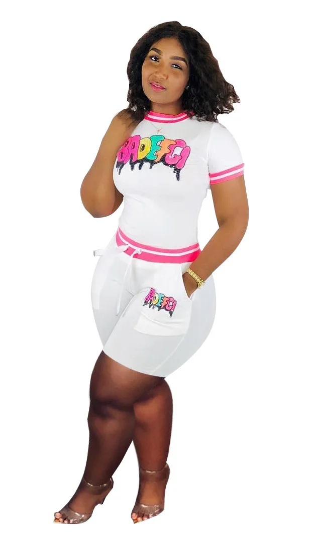 

2021 New Arrival Summer Women Short Tracksuit Set Letter Sequin Two Piece Set Tracksuit