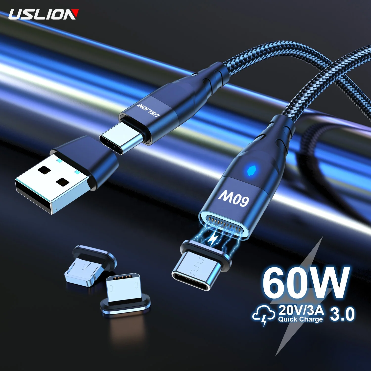 

USLION OEM 1M PD 60W 6 IN 1 USB Type C Magnetic Cable Charger Mobile Phone 3 IN 1 Micro USB Data Cables Phone Tablet for iphone, Black blue purple red (oem color contact seller)