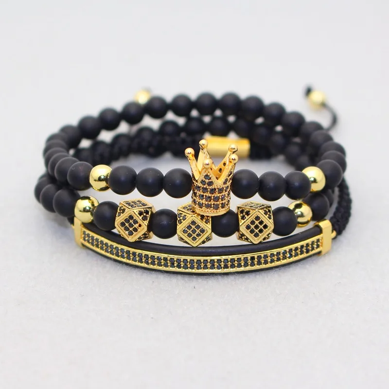 

European Handmade 3Pcs/Set 6mm Natural Matte Black Stone Micro Pave Cubic Zirconia Bead Royal Crown Bracelet Set