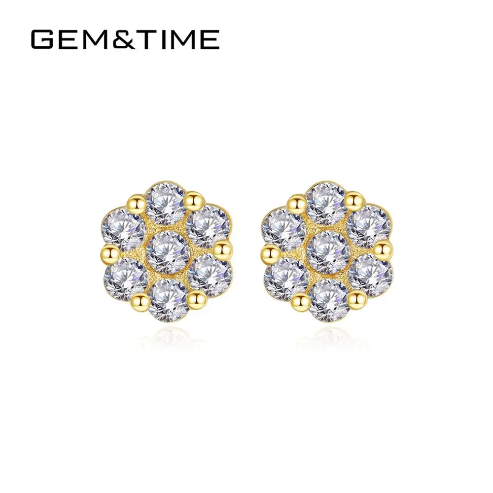 GEM&TIME Lovely Simple 14K Gold Earrings Flower Shape Cubic Zirconia Stud Earring for Girl Jewelry