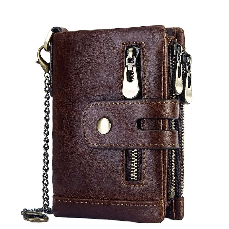 

Hot Sale Men Luxury Cowhide Wallets Chain Retro Genuine Leather RFID leather soft Wallet