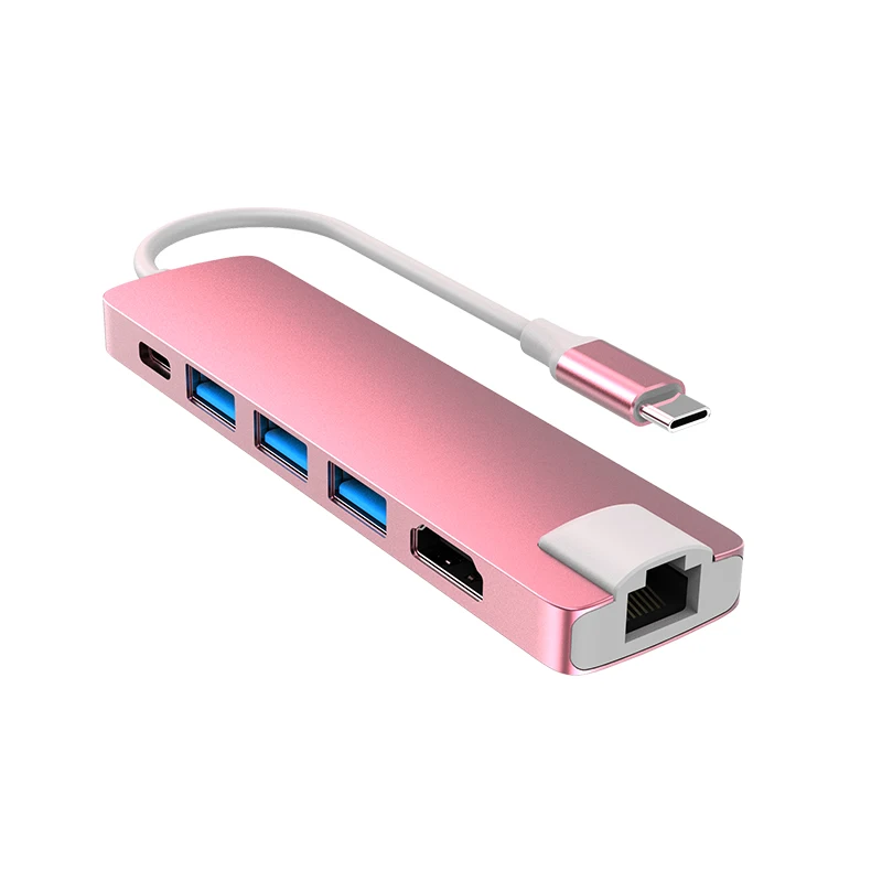 

Airsky gift HC-13L type-c to hdtv adapter data transfer 4K output usb3.0 6 in 1 usb-c hub combo with 100m net work card port, Gray/blue/pink