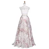 Two Piece Beaded Embroidered Top Floral Print Chiffon Prom Dress With Sleeves