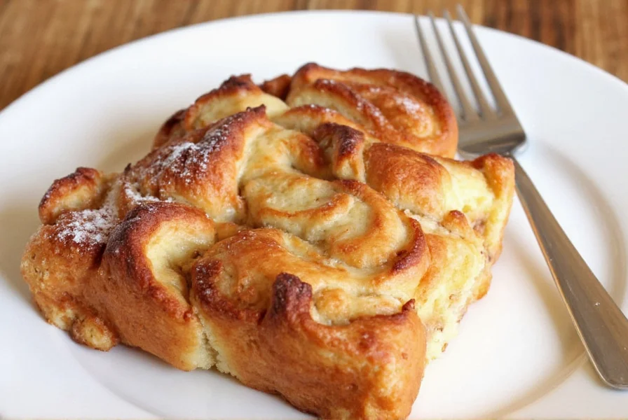 Sliced cinnamon roll french toast bake with melted butter and maple syrup drizzled on top, served on a white plate with fresh strawberries