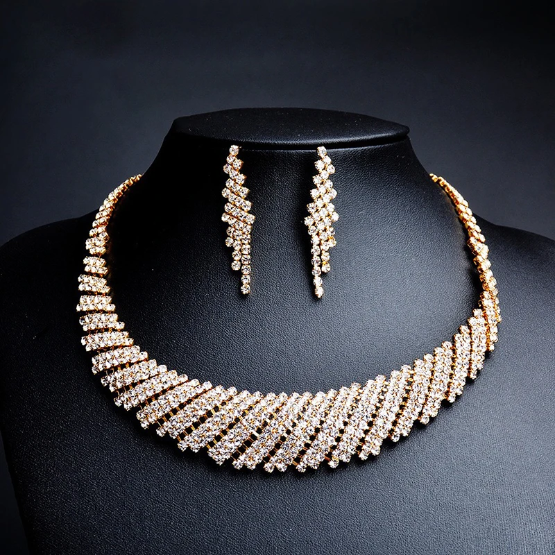 

Dubai Fashion vintage luxury rhinestone bridal necklace earring african costume gold color jewelry sets, Gold and silver