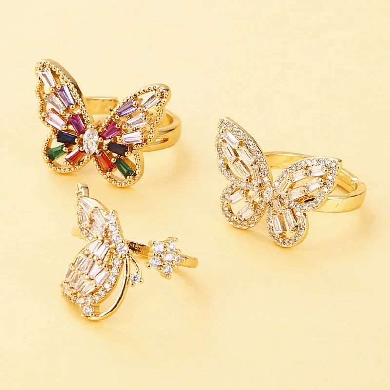 

Romantic Popular Vintage Brass Boho Gold Color Zircon Open Adjustable New Butterfly Finger Rings for Women