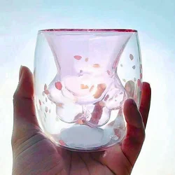 Creative kitchen accessories cute double wall glass cup cat paw glass mug