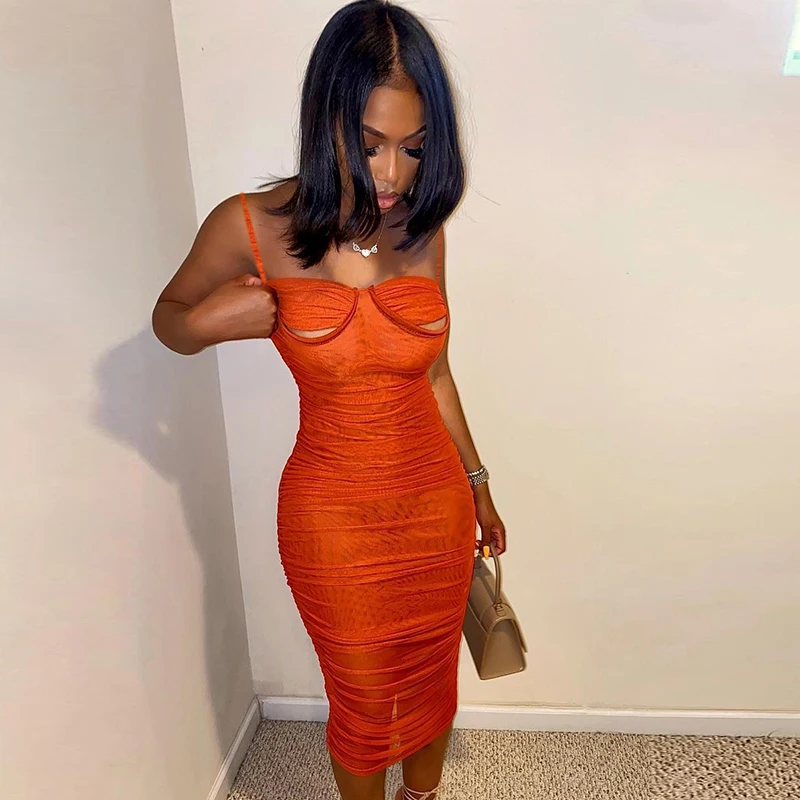 

kuchi summer new arrivals solid color hollow out sexy backless sling mesh dresses for women