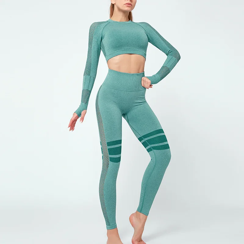 

2020 Hot selling Seamless Sport Suit Hip Pants Women Fashion Trim Long Sleeve Two Pieces Yoga Set