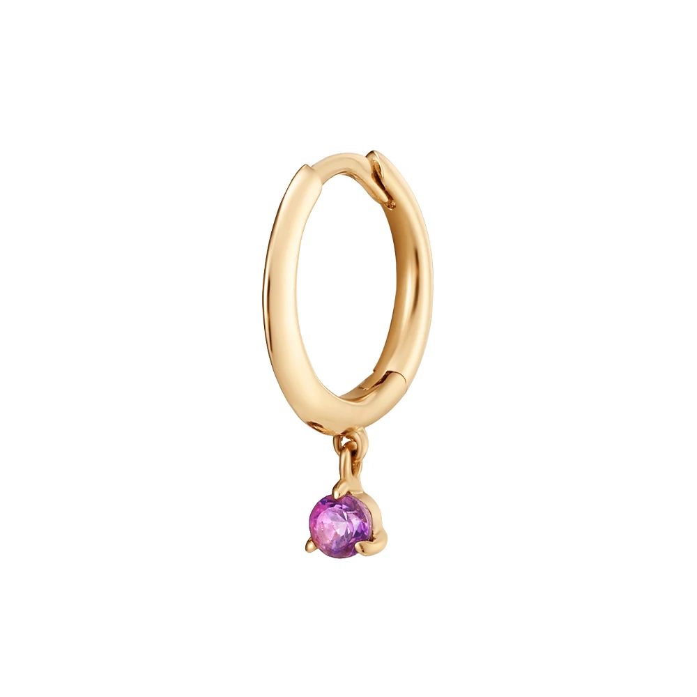 

Full Of Mystery Earring Single Huggie Hoop With Amethyst 14K Solid Gold Gem Earring Fascinating