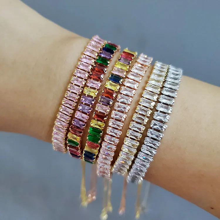 

BC1290 Fashion Rainbow Rectangle Cubic Zirconia Tennis bracelet Multicolor dainty CZ Zircon Adjustable Slide Bracelet