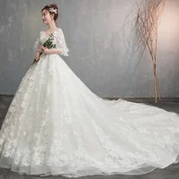 

Gorgeous Appliques Chapel Train Lace Ball Gown Wedding Dress 2019 Sexy V Neck Long Sleeve Beaded Princess Bride Gown