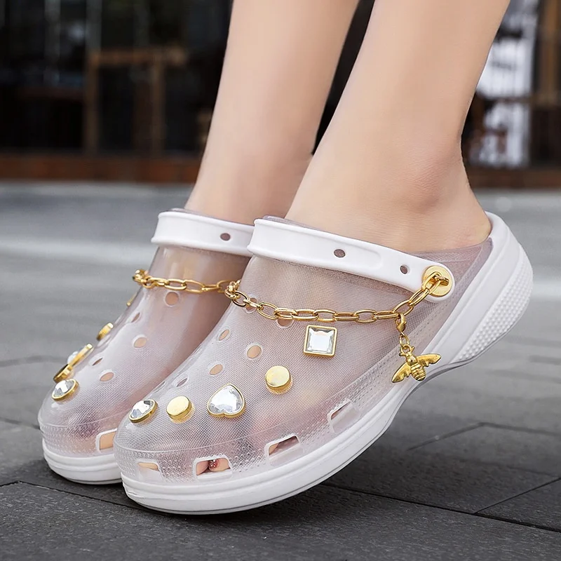 

Factory wholesale new fashion chain diamond jelly lady clogs custom woman platform sandals high heel slippers clear girl clog, Transparent