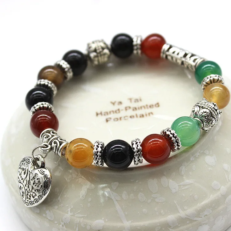 

Classic Colorful Natural Stone Beads Bracelet Red Black Agate Stone Bracelet With Heart Charm Alloy Drop Piece, Black and gold