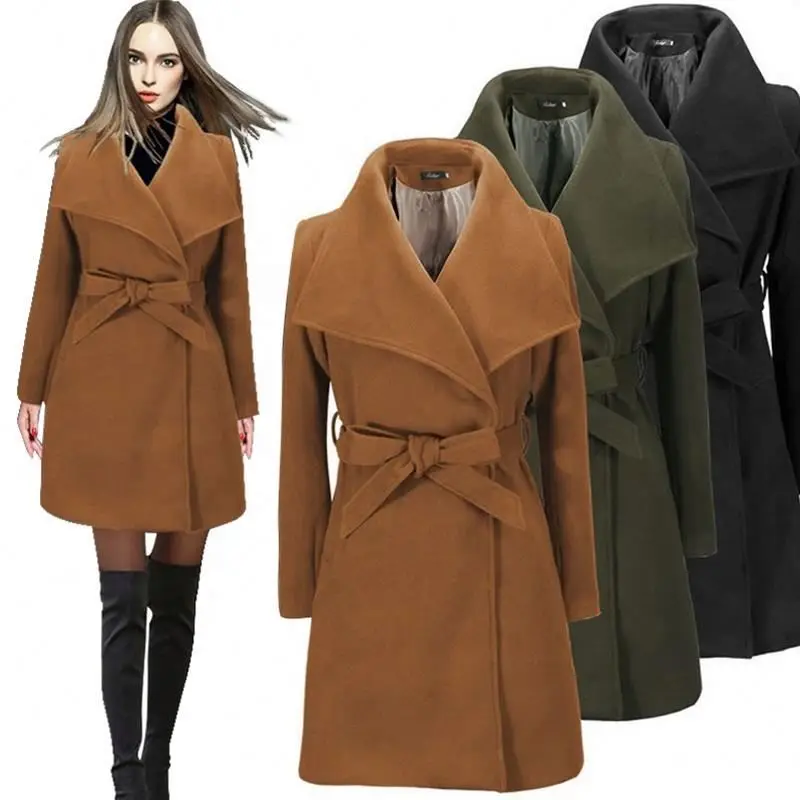 

New Fashion Women girls lapel belt solid woolen overcoat hot style ladies warm winter clothes for women