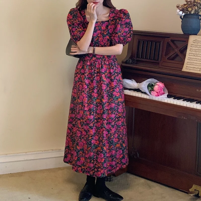 

Qz182 Korean Chic Hot Pink Floral Print Square Neck Slim Waist Puff Sleeve Long Dress Summer Women Vintage Dresses