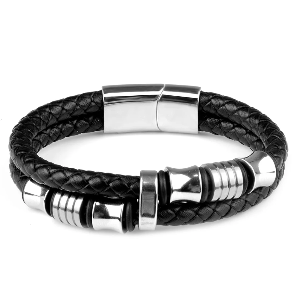 

Bone Shape Stainless Steel Clasp Double Stock Genuine Leather Bracelet