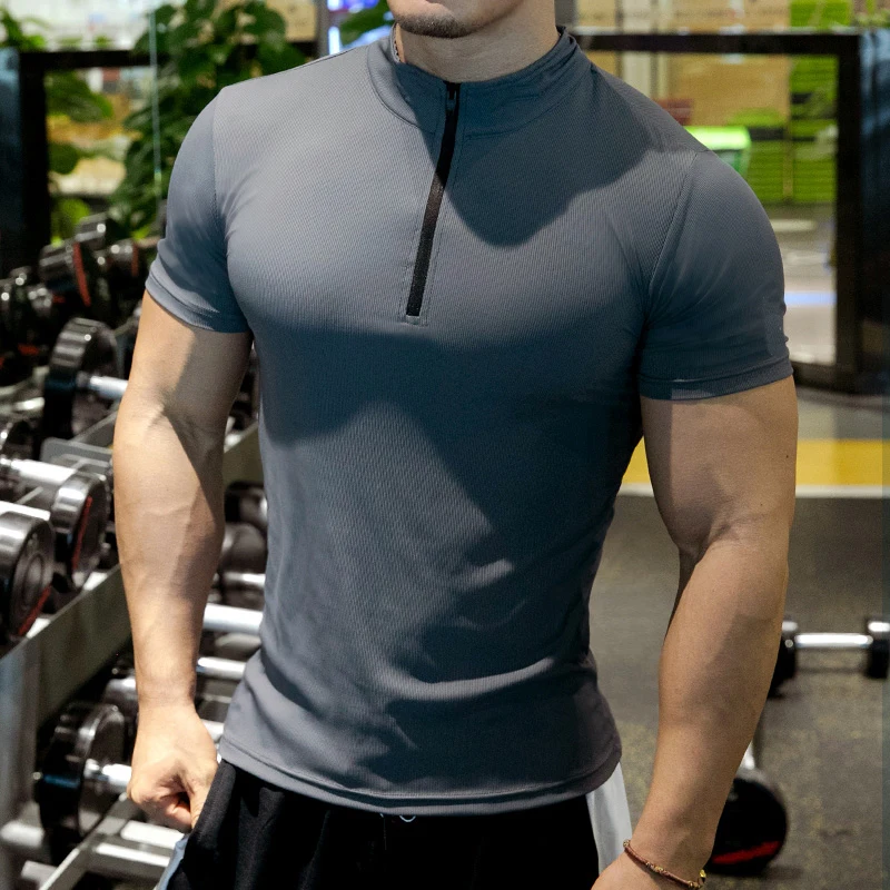 

Customized new Athletic running sportswear short sleeve tshirts quick dry Fitness Leisure gym quarter zip up tshirts men