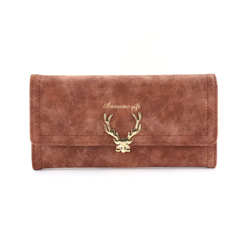 

New Fashion Trendy Cool PU Leather Frosted Ladies Long Three Fold Deer Head Multi Card Position Zipper Buckle Wallet Clutch Purs