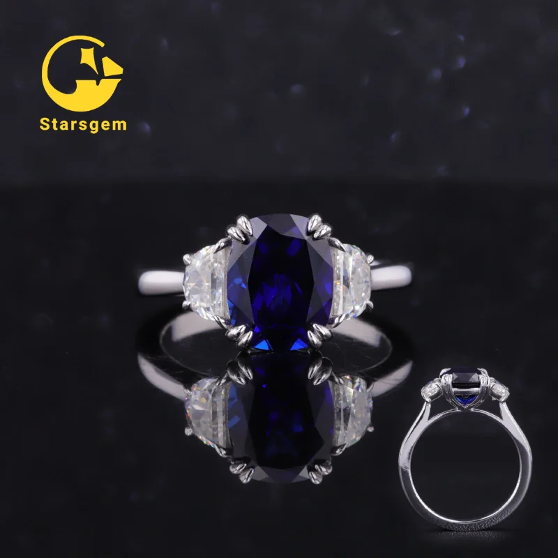 

14K White gold lab sapphire Royal Blue Color Cushion with Half Moon Moissanite side stone ring
