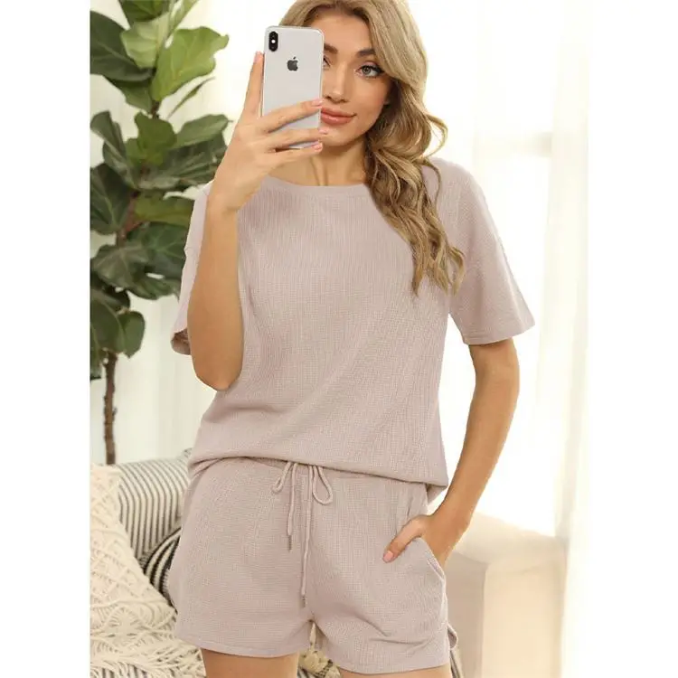 

PEARL Summer Short Sleeve Casual Solid Color 2 Piece Set Women Ladies Sleepwear Women's Two Piece Set