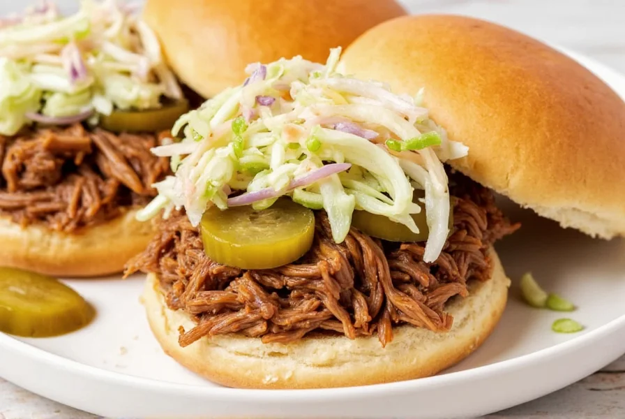 Finished Dr Pepper pulled pork crock pot recipe served on brioche buns with coleslaw and pickles