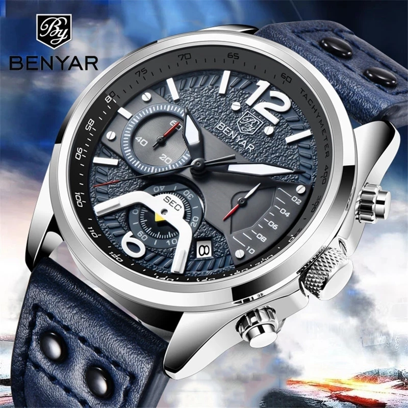 

Benyar 5171 Top Brand New Men's Watch Leather Waterproof Quartz Watch Men's Military Sports Chronograph Reloj Hombre, 2-colors