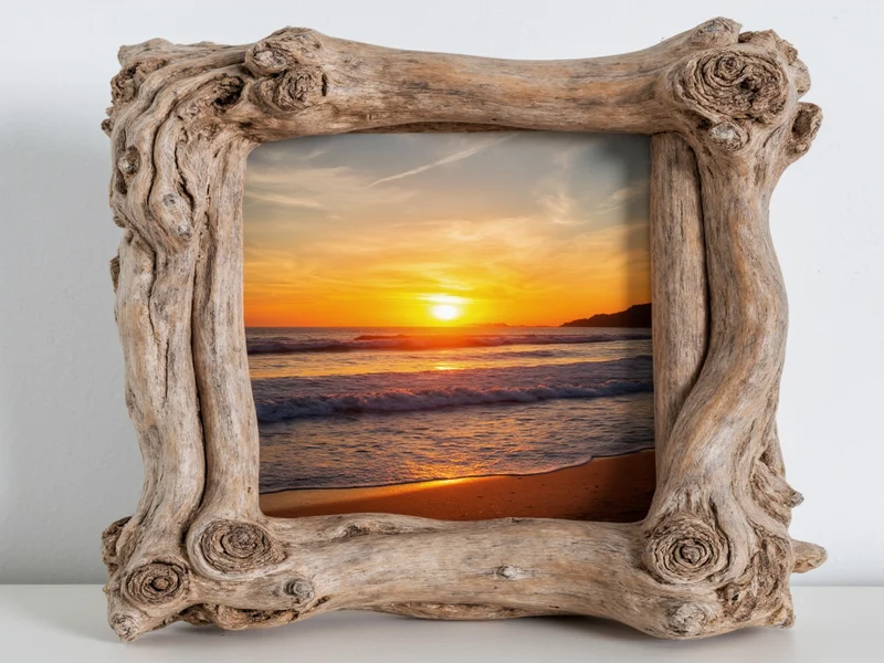Rustic driftwood frame holding beach sunset photograph