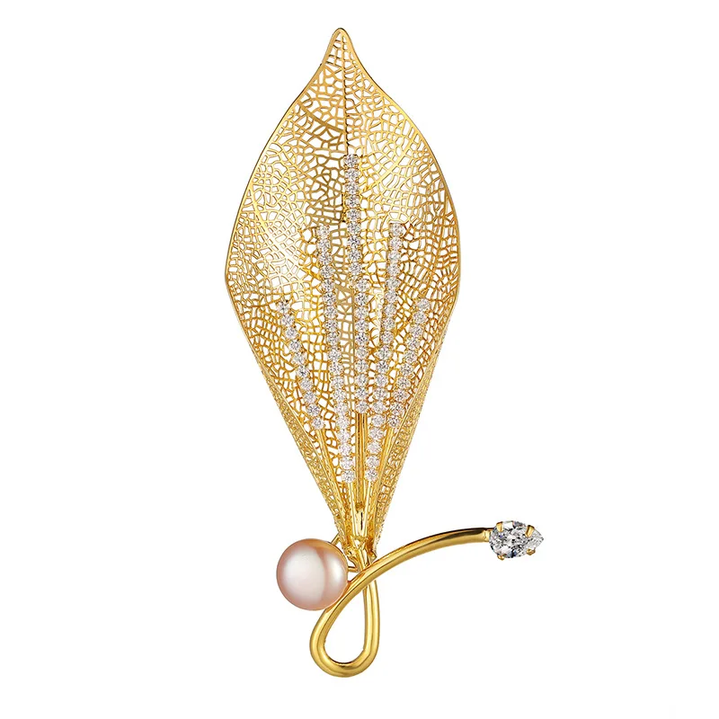 

High-end luxury jewelry zircon pearl collar brooch pin 18k gold plated crystal leaf brooches for women, Custom color