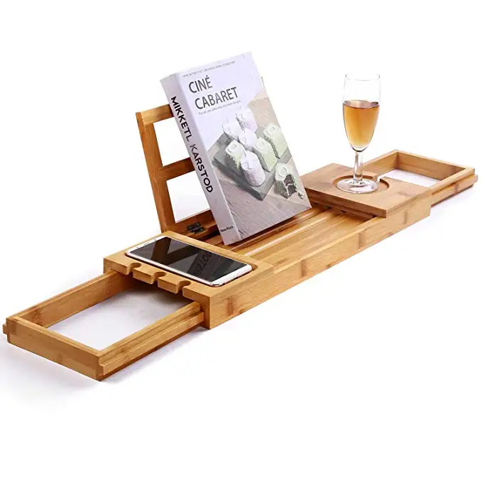 

100% Solid Natural Bamboo Bathtub Caddy., Natural / white/ black