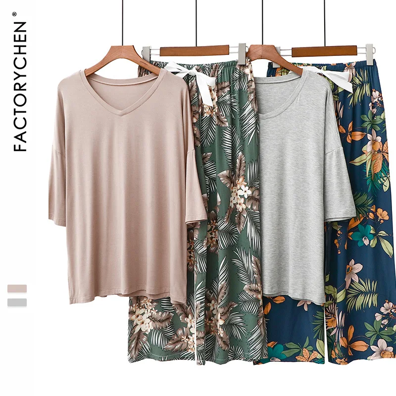 

New Fashion Summer Print Casual Cotton Loose Half-Sleeved 2 Piece Set Plus Size Women Pajamas, Customized color