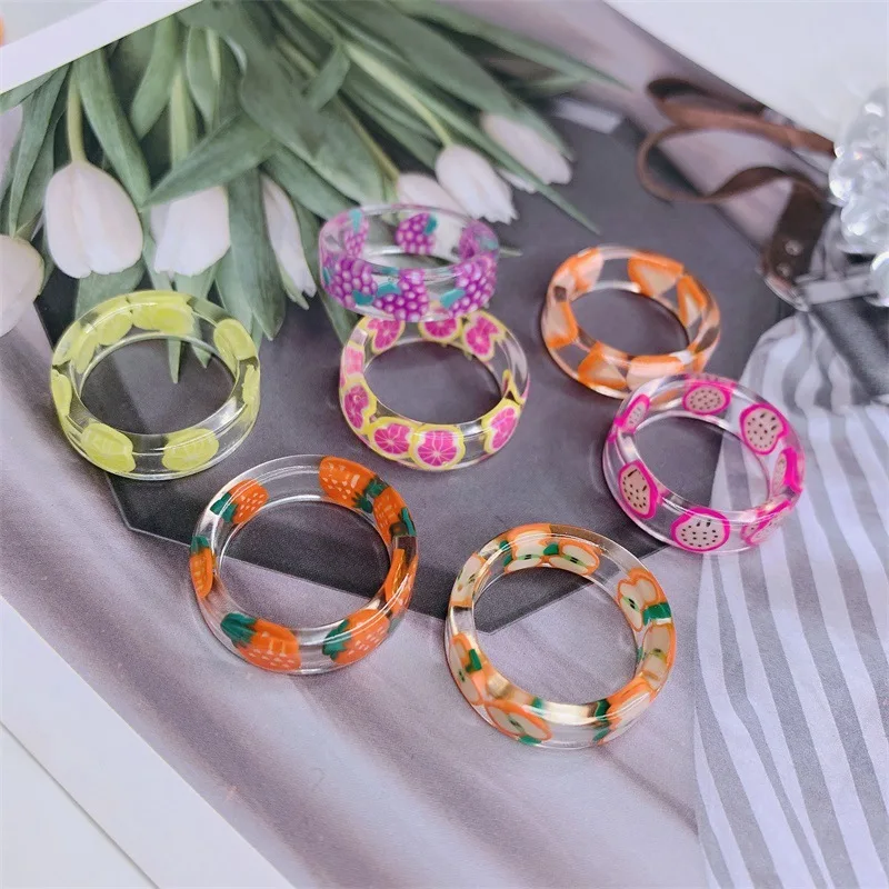 

2021 Sailing Jewelry New Colorful Summer Grape Strawberry Resin Ring Geometric Fruit Resin Ring