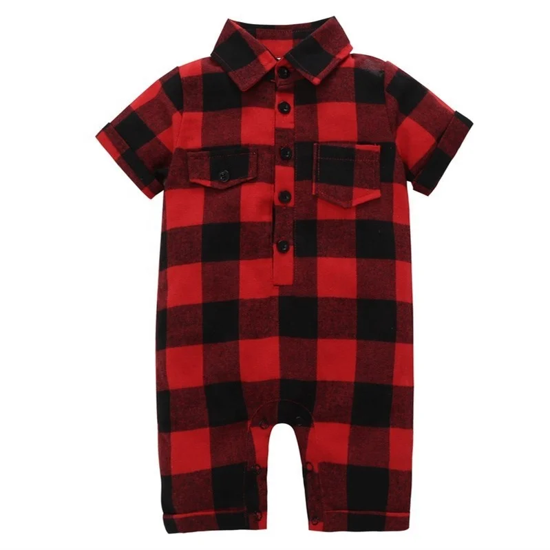 

Newborn Infant Toddler Boys Short Sleeve black Red Plaid Cotton Christmas buffalo Baby Romper, Photo showed and customized color