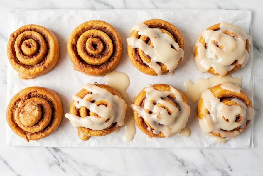 Variety of apple cinnamon roll variations including caramel apple, vegan, and overnight versions arranged on a marble countertop