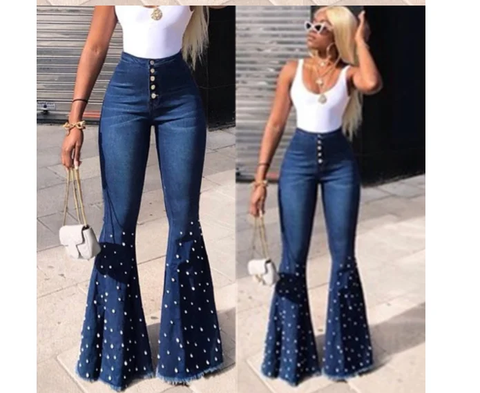 

Buy wholesale agent plus size ladies high waist high elastic flare jeans with sequin